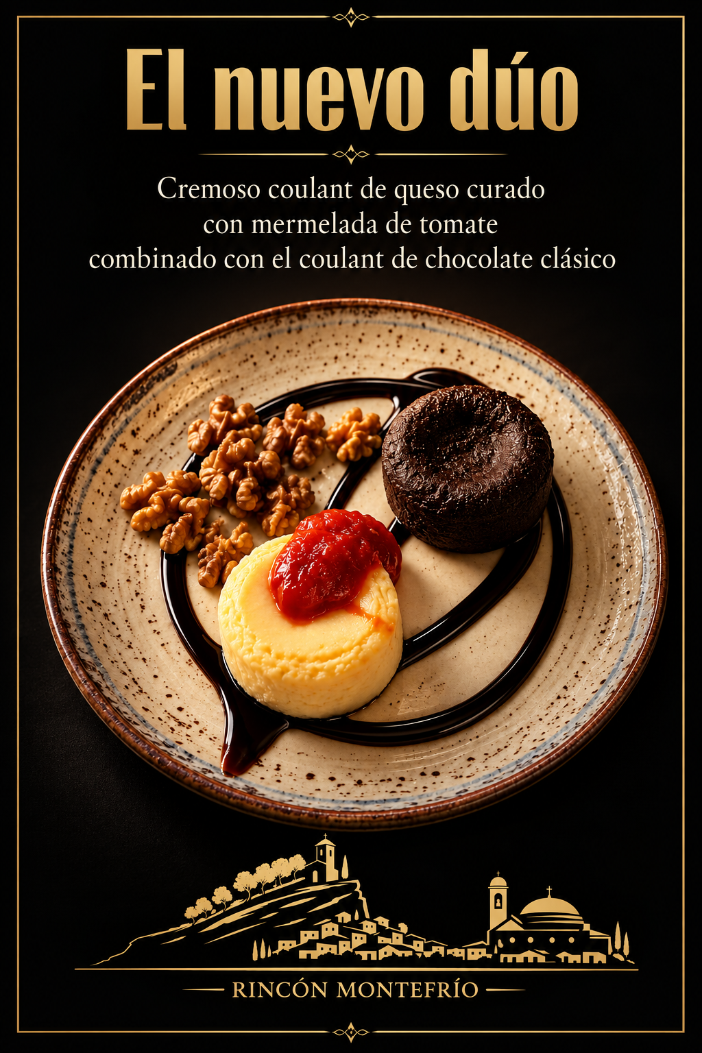 Cartel del dúo de coulant de queso curado y coulant de chocolate.