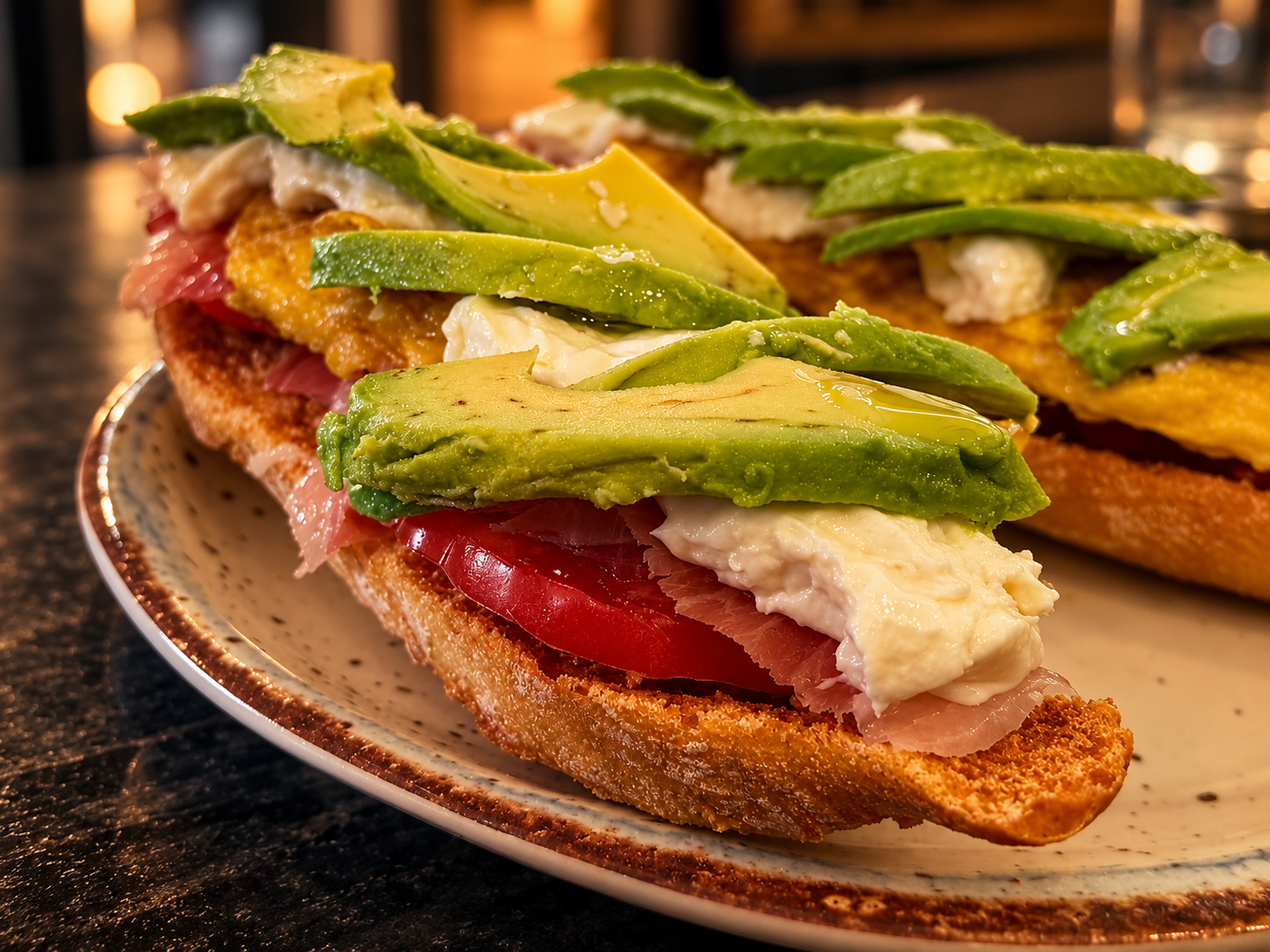 Tostadas con aguacate, tomate, jamón y queso en Rincón Montefrío