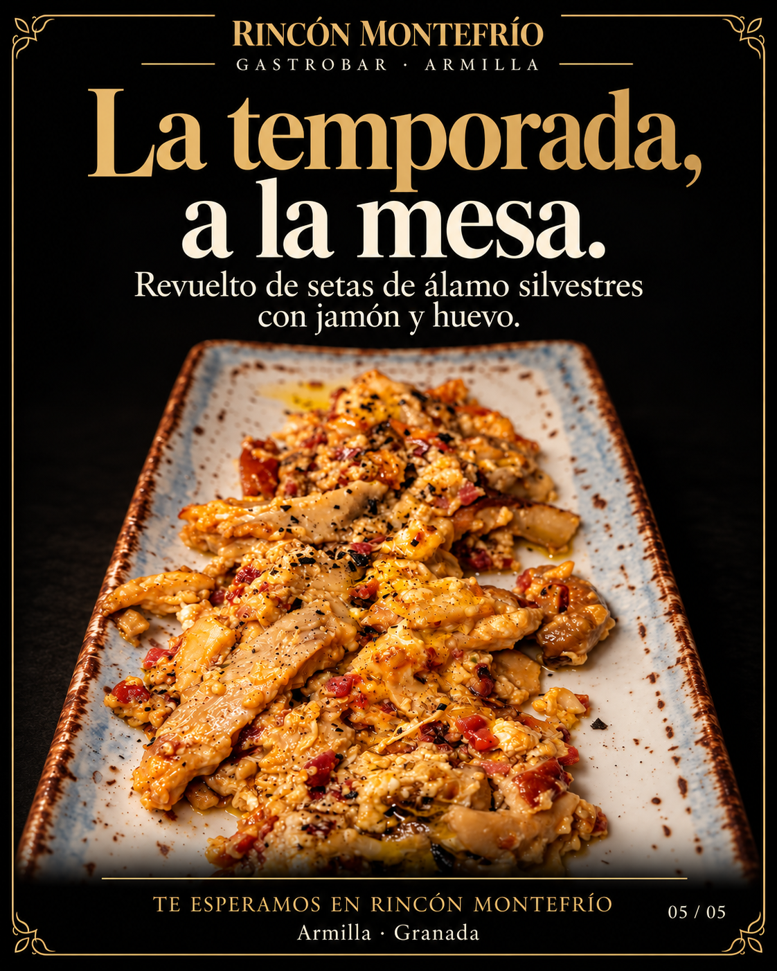 Cartel del revuelto de setas de álamo silvestres con jamón y huevo.