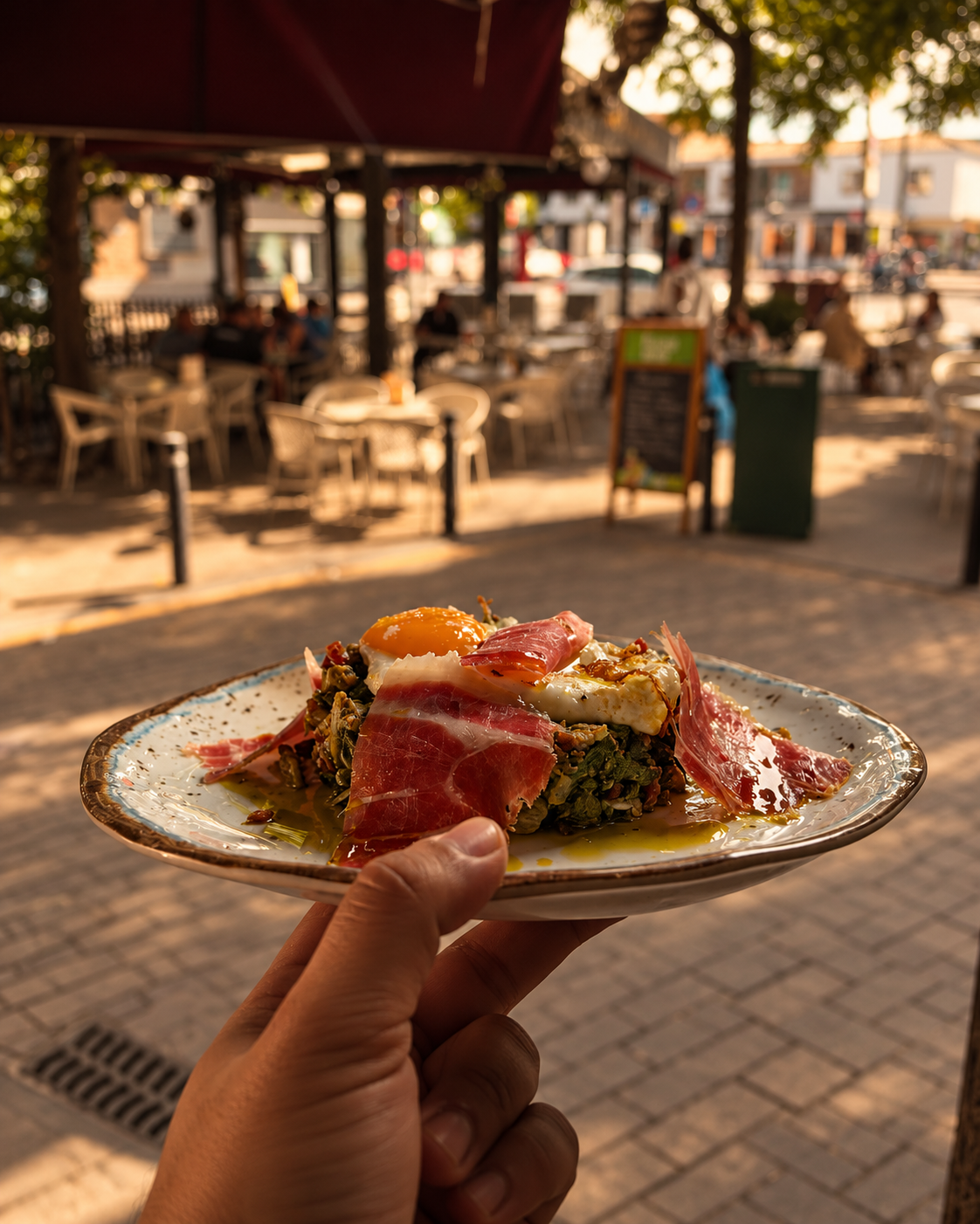 Plato con huevo y jamón junto a la terraza de Rincón Montefrío