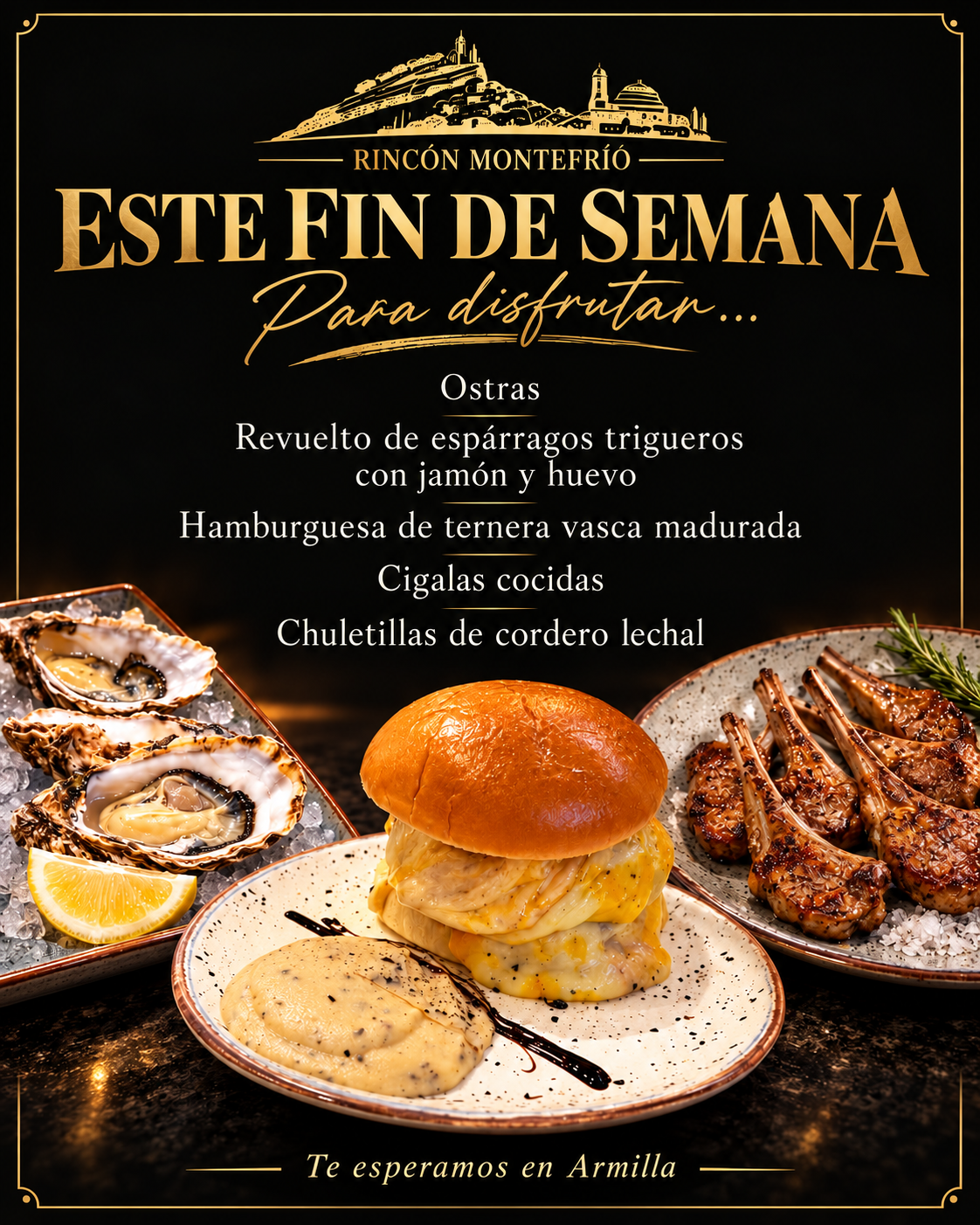 Cartel de especialidades con ostras, hamburguesa y chuletillas.