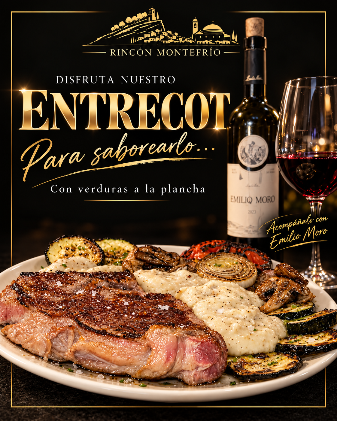 Cartel del entrecot con verduras a la plancha de Rincón Montefrío.