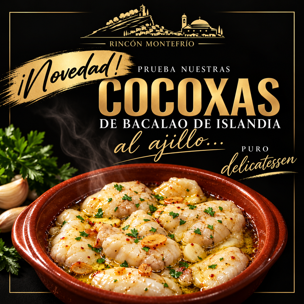 Cartel de cocochas de bacalao de Islandia al ajillo.