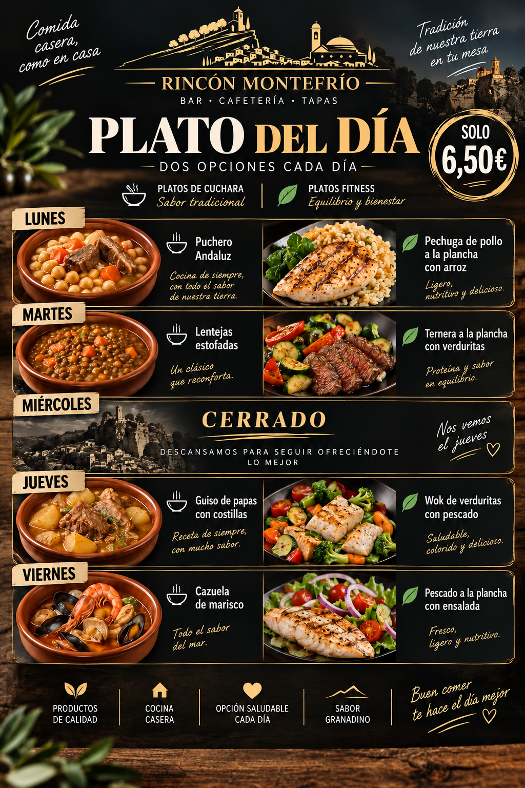 Cartel del plato del día de Rincón Montefrío