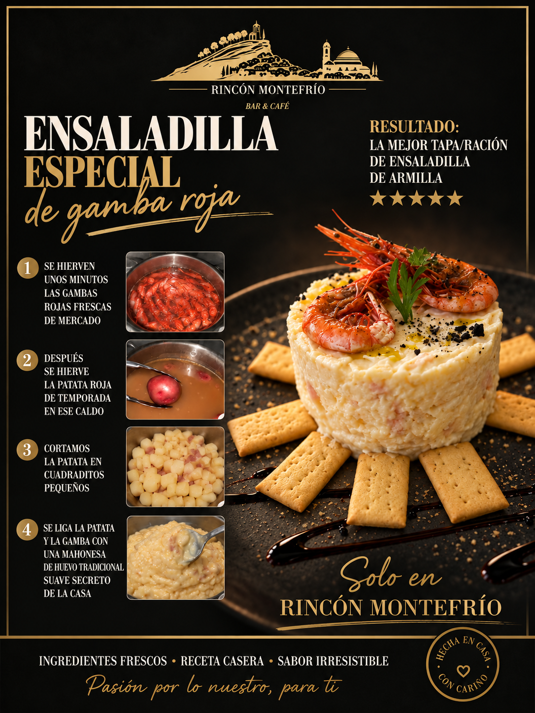 Cartel de la ensaladilla especial de gamba roja y su elaboración.