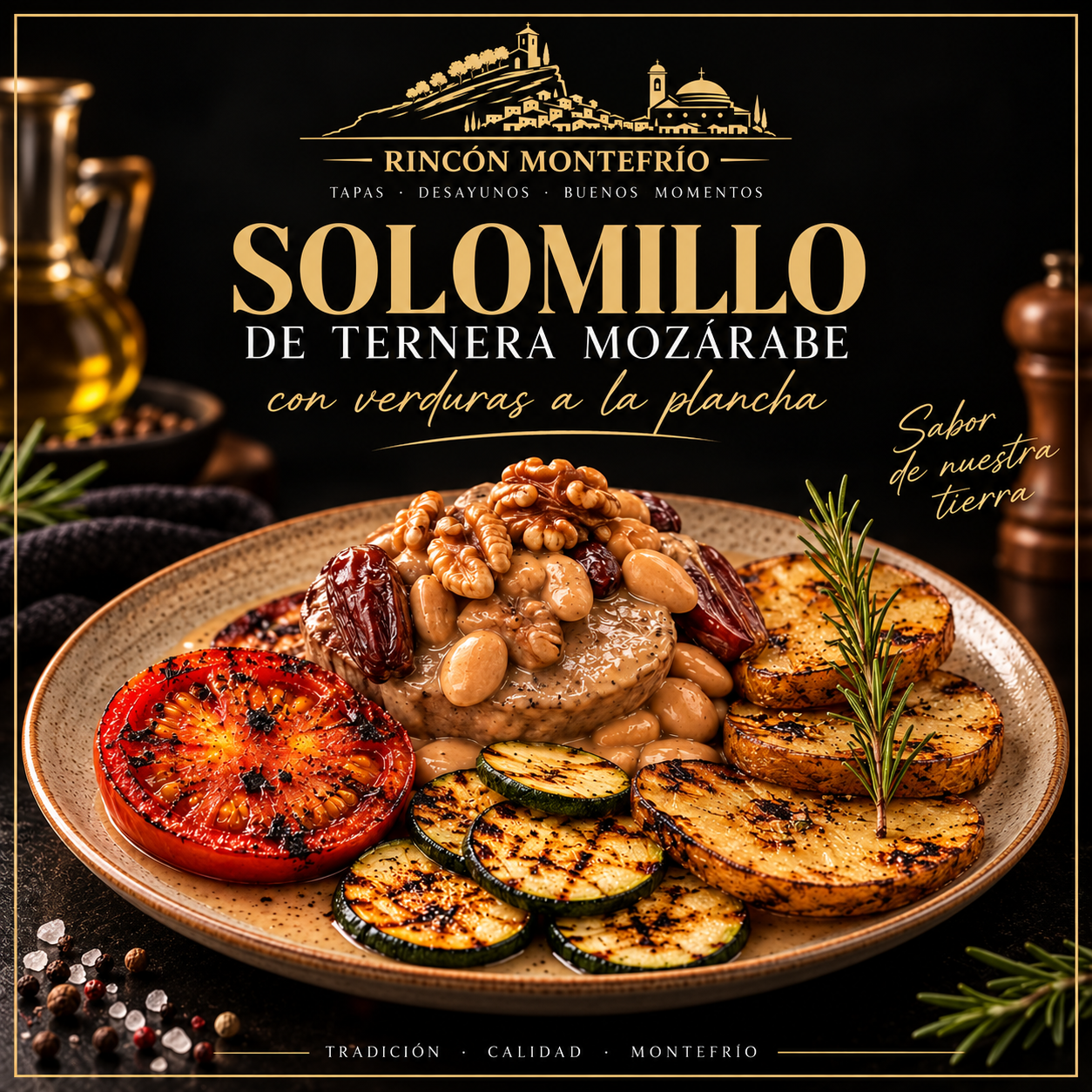 Cartel del solomillo de ternera mozárabe con verduras a la plancha.